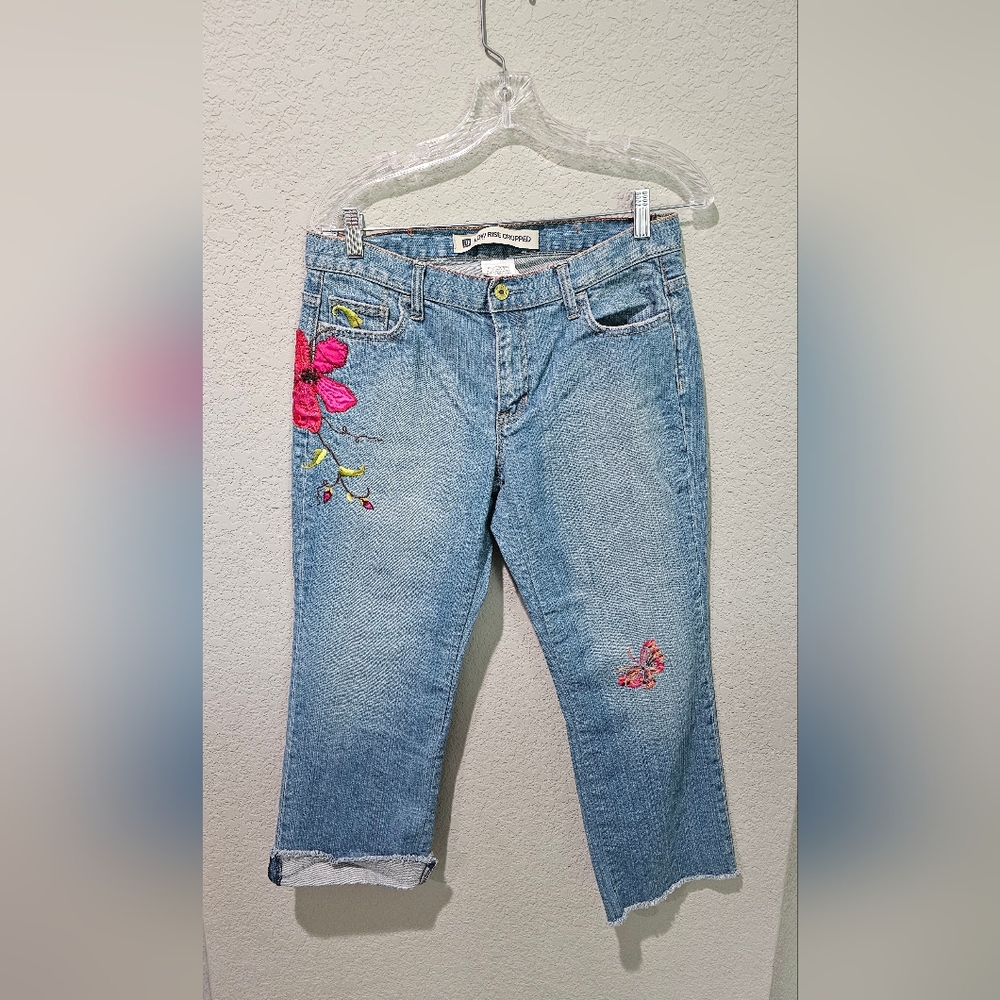 Low Rise Cropped Gap Embroidered Blue Jeans Size 10 Vintage Y2K